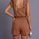 CHICME Women's 2 Piece Shorts Set Ruffle Strap Sleeveless Top and High Waisted Shorts with Pockets