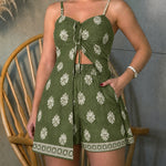 Women's Vintage Baroque Print 2 Piece Outfits Drawstring Slit Cami Top and High Waisted Shorts Set Casual Vacation Set