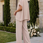 2 Pieces Outfit Elegant Pearl Embellished Split Sleeve Top and Casual Wide Leg Pants Set
