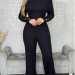 2 Pieces Outfit Button Decor Foldover Off Shoulder Slim Fit Top and Elastic Waist Wide Leg Pants Set Casual Ribbed Set