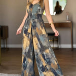Abstract Oil Painting Print V-Neck Stretchy Thick Straps High Waist Backless Overalls Casual Shirred Waist Cinched Waist Wide Leg Jumpsuit