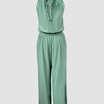 Halter Tie Guipure Lace Spliced Hollow-out Back Jacquard Textured Overalls Casual Elastic Back Waist Wrapped Slit Vacation Jumpsuit