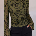 Women's Vintage Flocked Floral Mesh Top Boat Neck Ruched Flare Long Sleeve Tee