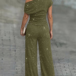 Women's Glitter Textured Two Piece Outfits Plisse Skew Neck Ruched Top and High Waisted Straight Leg Pants Set