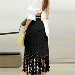 Women’s Lace Tassel Trim Bodycon Skirt Hollow-Out Detail High Waist Pencil Skirt with Side Zipper