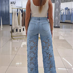 Guipure Lace Spliced High Waist Zipper Fly Wide Leg Washed Jeans