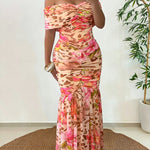 Women's Foldover Off Shoulder Mermaid Dress Ruched Bodycon Leopard Floral Maxi Dress Sexy Tropical Vacation Dress