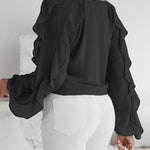 V Neck Shoulder Ruffles Design Blouse Casual Button Front Long Sleeve Top