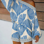 Women's Tropical Leaf Print 2 Piece Set Skew Neck Lantern Sleeve Top and Elastic Waist Shorts with Pockets & Lace