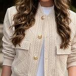 Women's Vintage Argyle Cable Knit Bomber Jacket Elegant Baseball Collar Button Down Cropped Coat with Flap Pockets