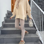 Women's Casual Crewneck Sweatshirt Loose Long Sleeve Side Slit Pullover Top with Thumb Holes