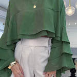 Round Neck Bell Sleeve Crop Top Casual Loose Fit Layered Blouse