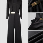 2 Pieces Outfit Metal Decor Square Neck Thick Strap Zipper Back Cinched Waist Wide Leg Jumpsuit and Casual Crop Cardigan Set