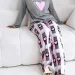 2 Pieces Outfit Good Night Slogan Print Long Sleeve Top and Plaid Print Elastic Waist Pants Set Casual Heart Print Pajamas Set