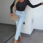 Women's Rhinestone V-Neck Long Sleeve Tee Slim Fit Sparkly Fitted Top