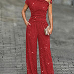 Women's Glitter Textured Two Piece Outfits Plisse Skew Neck Ruched Top and High Waisted Straight Leg Pants Set