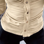 Long Sleeve Button Down Shirt Collar Neck Ruched Fitted Top