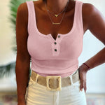 U-Neck Sleeveless Half Button Front Tank Slim Fit Backless Knit Waffle Tank Top