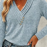 Women's Pleated V Neck T-Shirt Long Sleeve Button Decor Tee Casual Layering Top