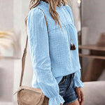Women's French Style Eyelet Embroidery Blouse Elegant Frill Hem Stand Collar Puff Sleeve Top Lace Patchwork Shirt