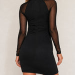 Women's Rhinestone Argyle Mock Neck Bodycon Dress Sheer Mesh Patchwork Long Sleeve Mini Party Dress