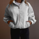 Women's Two-Way Zipper Front Stretchy Hem Coat Stand Collar Drop Shoulder Sweatshirt with Pockets