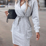 Overlap V Neck Drop Shoulder Cinched Waist Drawstring Hoodie Dress Casual Flap Cargo Pockets Design Drawstring Elastic Waist Midi Dress
