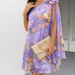 CHICME Women's Floral Print One-Shoulder Chiffon Dress 3D Floral Decor Split Sleeve Loose A-Line Mini Dress