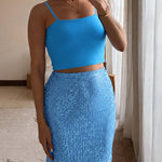Women's 3 Piece Sequin Set Asymmetrical Poncho Top and High Waist Bodycon Skirt with Crop Cami Top
