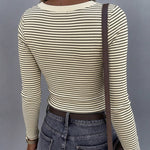 Women's Striped U-Neck Long Sleeve Slim Fit Ribbed Knit Top Casual Layering Top