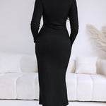 Metal Ring Decor Wrapped Slit Ribbed Commuting Dress Cinched Waist Slim Fit Mid-Length Dress