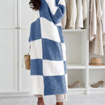 Women's Checkerboard Knit Cardigan Oversized Long Chunky Sweater Loose Lantern Sleeve Coat with Pockets
