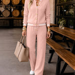 Women's 2 Piece Cable Knit Tracksuit Baseball Collar Crop Coat and High Waist Pants Set