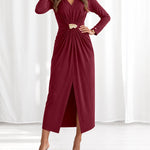 Women's Elegant V-Neck Long Sleeve Ruched Front Slit Midi Evening Dress