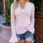 Women's V Neck Floral Lace Top Long Sleeve Flare Cuff Sheer Slim Fit Blouse