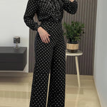 2 Pieces Outfit Stand Collar Button Front Ruffles Spliced Top and High Waist Straight Leg Pants Set Casual Polka Dot Print Commuting Set