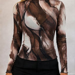 Women's Sheer Mesh Tie Dye Print Mock Neck Frill Trim Long Sleeve Top