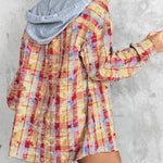 Colorblock Plaid Print Hooded Distressed Button Front Coat Shacket