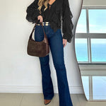 V Neck Shoulder Ruffles Design Blouse Casual Button Front Long Sleeve Top