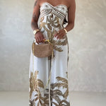Palm Tree Print Bandeau Twist Front Backless Tie Back Overalls Casual Hollow-out Front Wide Leg Jumpsuit