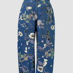 Women's Vintage Floral Printed Baggy Denim Pants Casual High Waisted Cropped Barrel Jeans