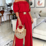Women's Ruffle Off Shoulder Short Sleeve High Waist Split Wide Leg Jumpsuit with Belt