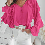 V Neck Shoulder Ruffles Design Blouse Casual Button Front Long Sleeve Top