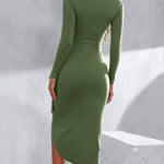 Women's Long Sleeve U-Neck Wrapped Slit Dress Ruched Side Tie Bodycon Dress