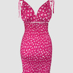 Women's Ditsy Floral Deep V Neck Shirred Sundress Sexy Tie Strap Backless Ruched Bodycon Cami Mini Dress