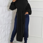 Cable Textured High Neck Lantern Sleeve Bow Tie Waist Sweater Casual High Slit Knit Longline Top