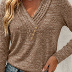 Women's Pleated V Neck T-Shirt Long Sleeve Button Decor Tee Casual Layering Top