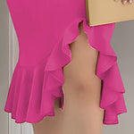 Cold Shoulder Beaded Slit Bodycon Dress Ruffle Hem Zipper Back Party Dress