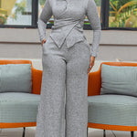 Women's Two Piece Outfit Turn-down Collar Criss Cross Asymmetric Top and Wide Leg Pant Set