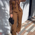 2 Pieces Outfit Leopard Print Spliced Tie Neck Long Sleeve Double Breasted Front Flap Detail Top and Zipper Fly Wide Leg Pants Set Casual Commuting Set